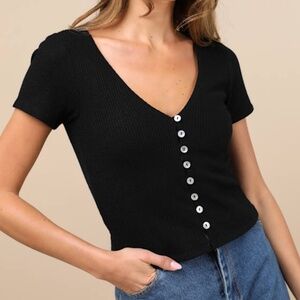 Lulus My Everyday Best Black Ribbed Short Sleeve Button-front Top - Size S